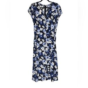 Talbots Floral Belted Midi ShirtDress Sz 10 Blue Black White Pockets Casual NWT